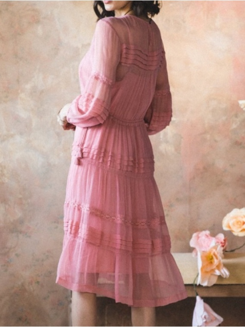 Sundance Rosalie Tucked & Tiered Crepe Coral Women’s size M Cottagecore - Picture 3 of 14